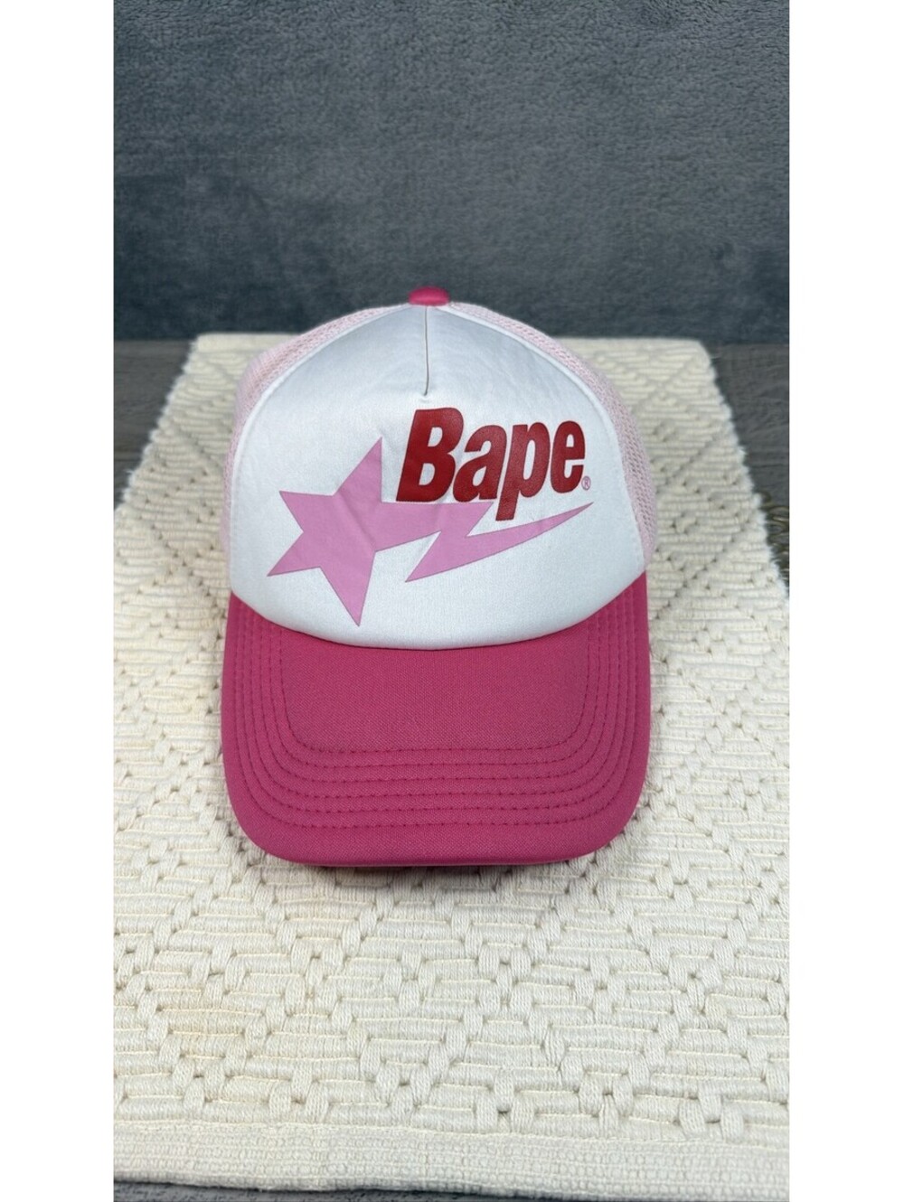 A Bathing Ape BAPE STA Logo Trucker Hat Cap Pink White Snapback